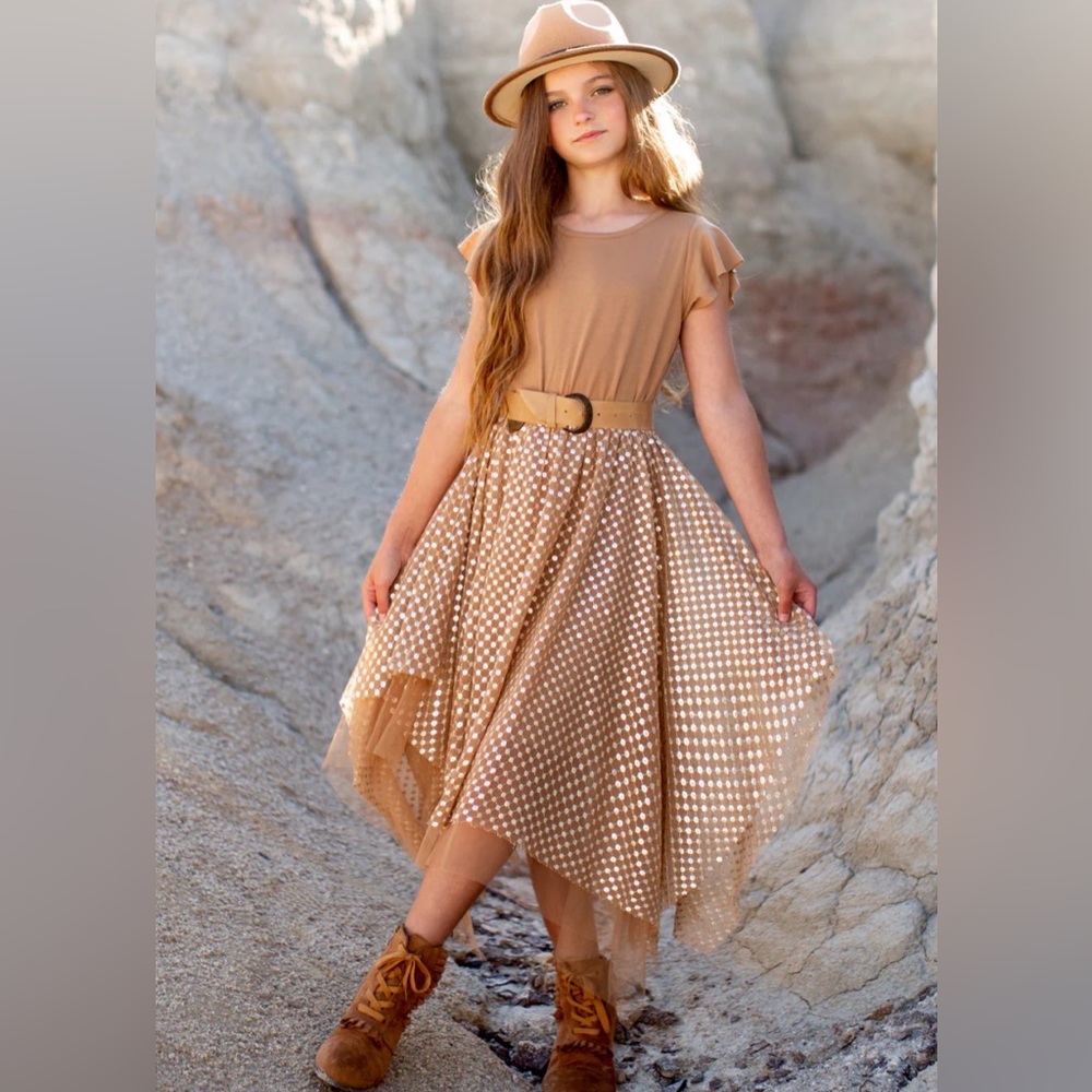 Joyfolie‎ Girls Tina Dress Light Tan Sparkle Boho Western Flowing Dress NWT, 10